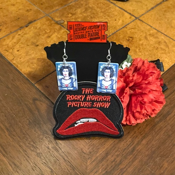 Handmade Rocky Horror Picture Show Franknfurter Earrings with Pin & Patch Set - Picture 2 of 6